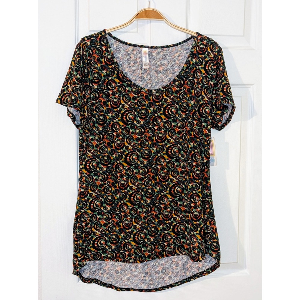 LuLaRoe Perfect Tunic Top M Black Green Orange Floral Print Short Sleeve NWT